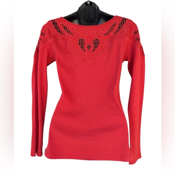 Free People womens Red/Orange crochet Embroidered Yoke Stretch Cotton tee top - Picture 5 of 9